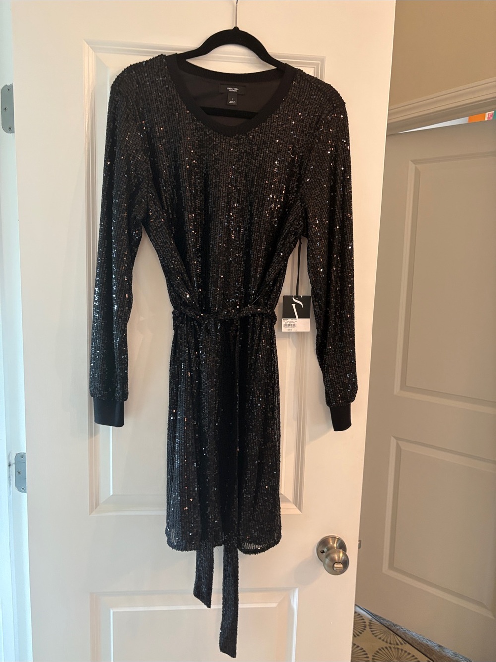 Simply Vera/Vera Wang Black Sequin Long-Sleeve Tie-Waist Dress